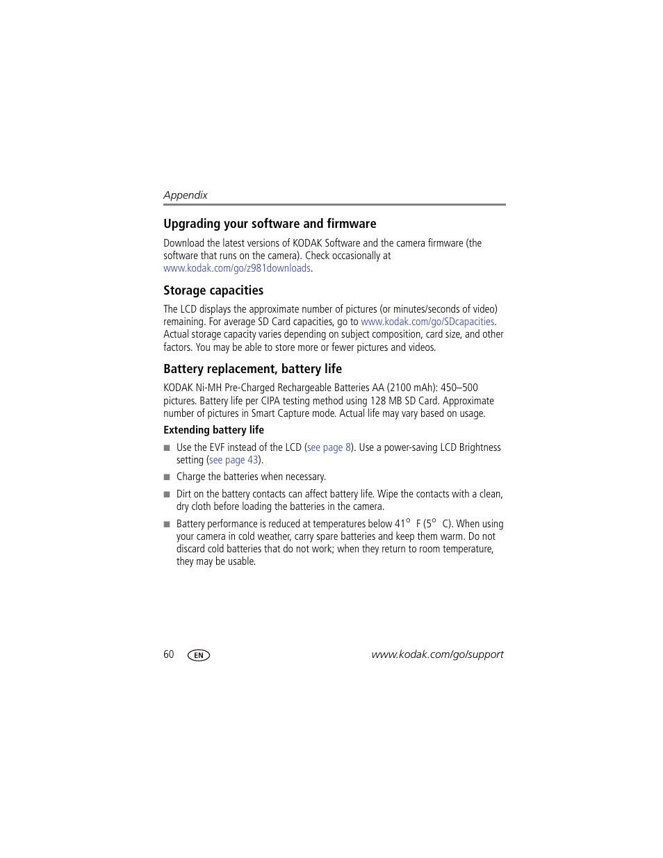 Upgrading your software and firmware, Storage capacities, Battery replacement, battery life | Extending battery life, Alled | Kodak Z981 User Manual | Page 66 / 79