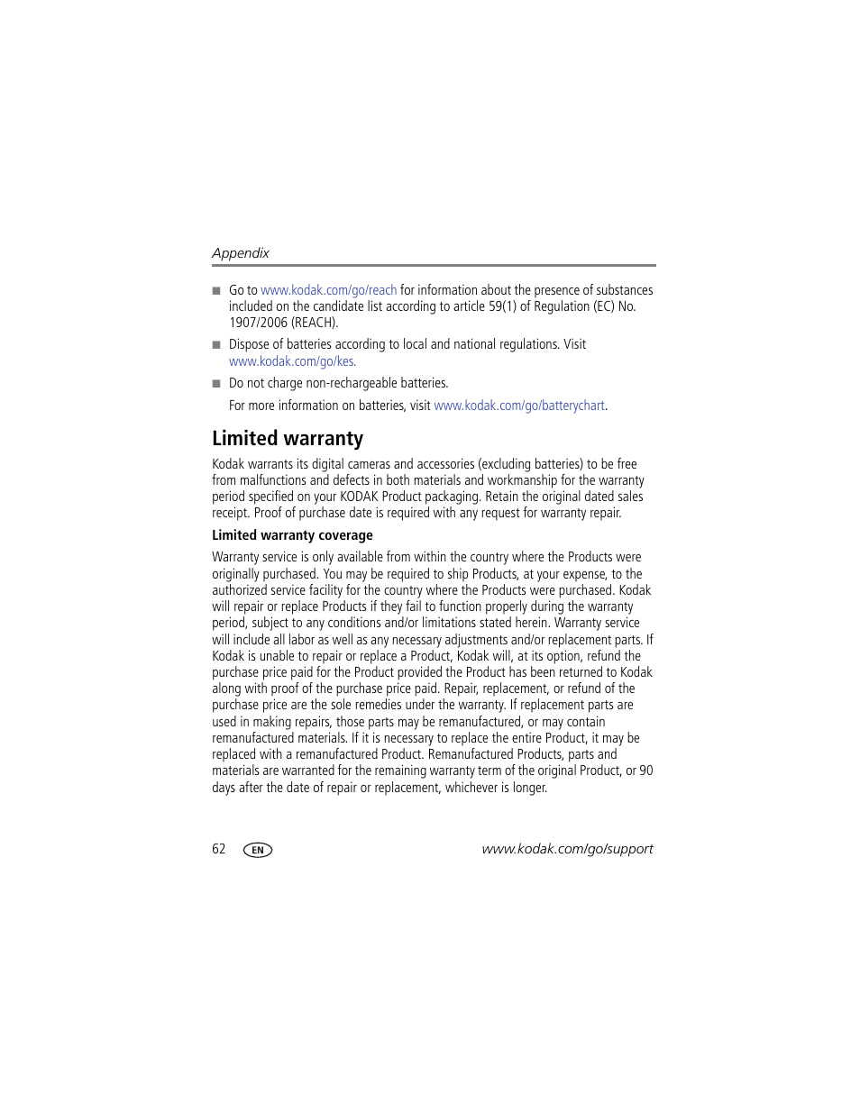 Limited warranty | Kodak Z981 User Manual | Page 68 / 79