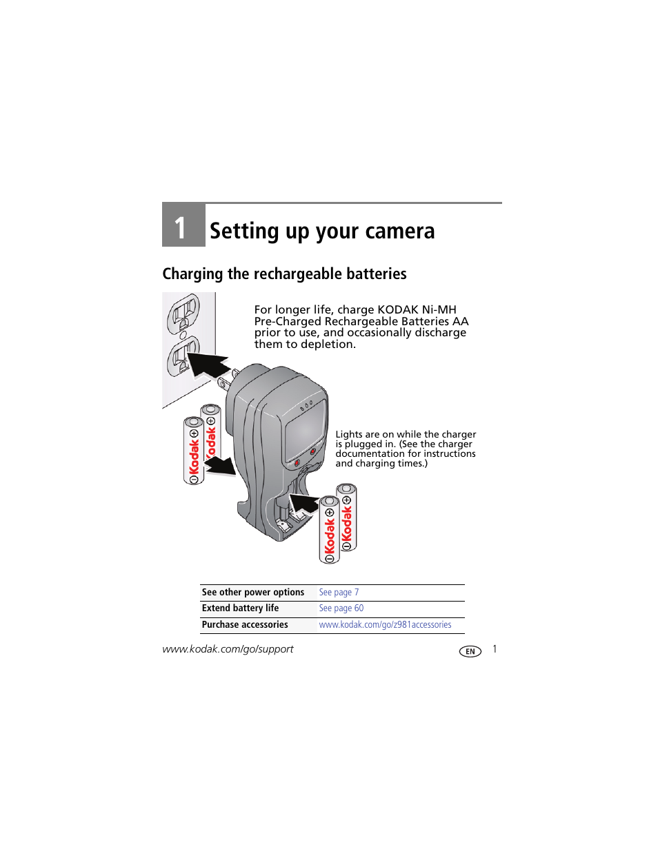 Setting up your camera, Charging the rechargeable batteries, 1 setting up your camera | Kodak Z981 User Manual | Page 7 / 79