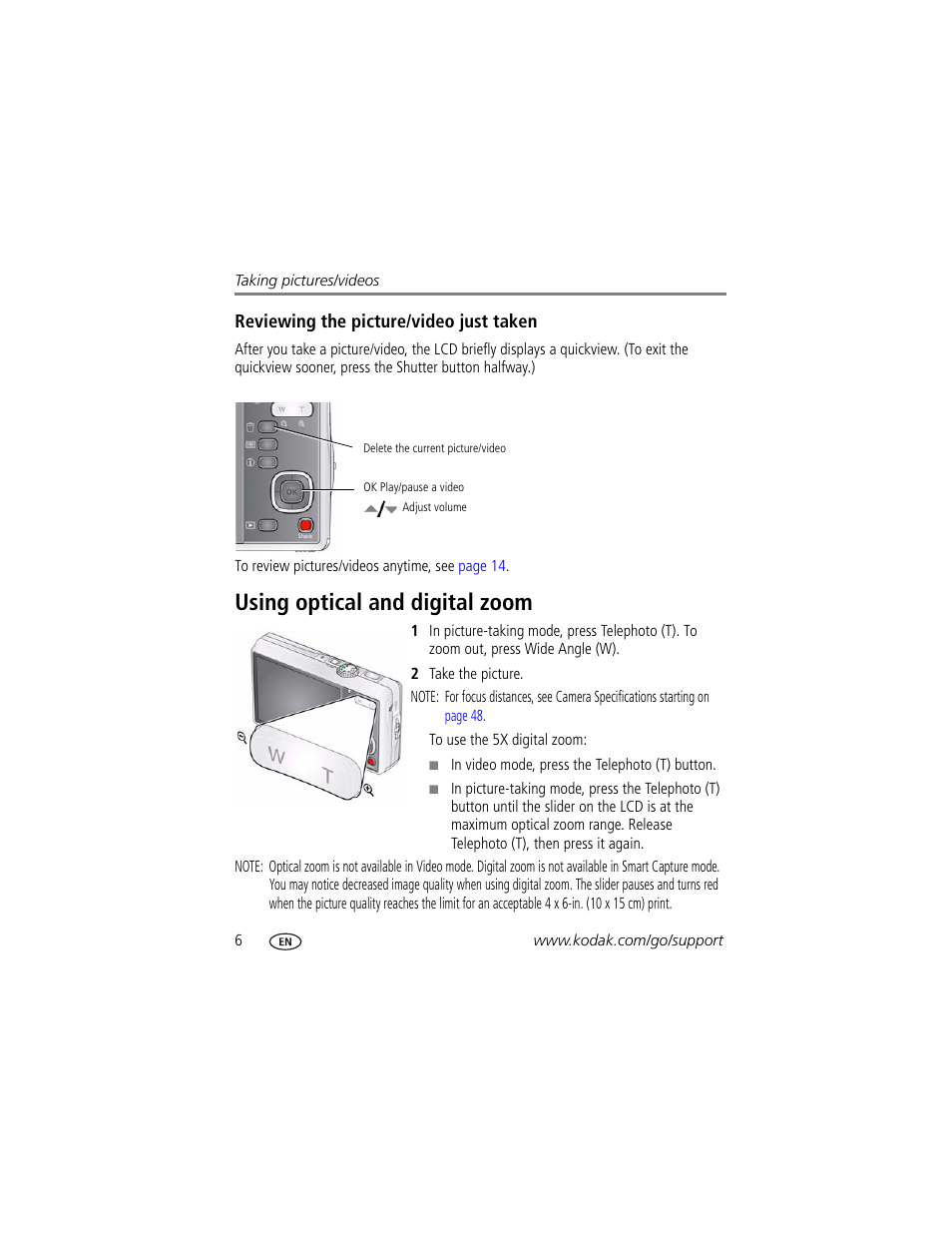 Reviewing the picture/video just taken, Using optical and digital zoom | Kodak M380 User Manual | Page 12 / 69