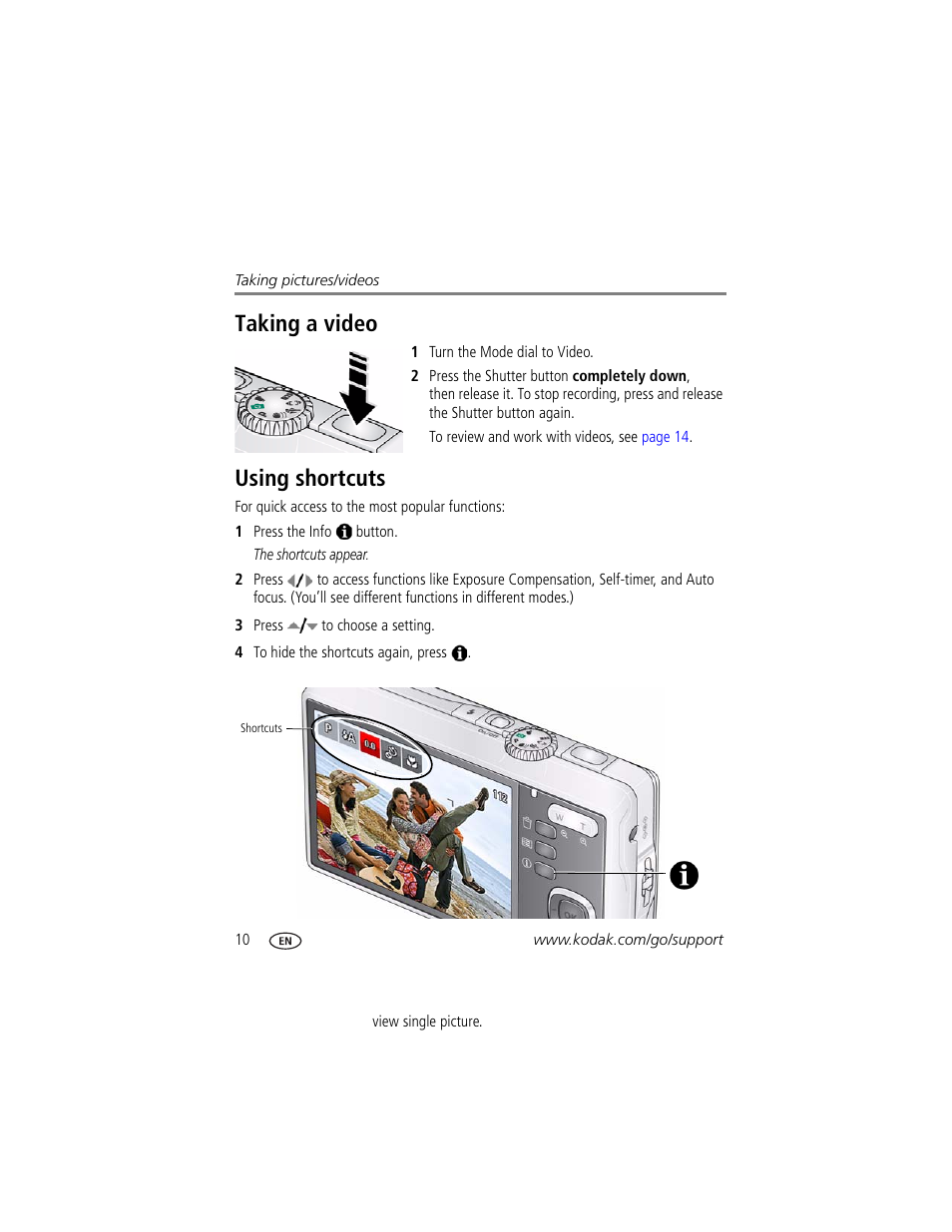 Taking a video, Using shortcuts, Taking a video using shortcuts | Kodak M380 User Manual | Page 16 / 69