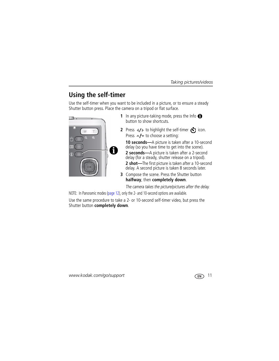 Using the self-timer | Kodak M380 User Manual | Page 17 / 69