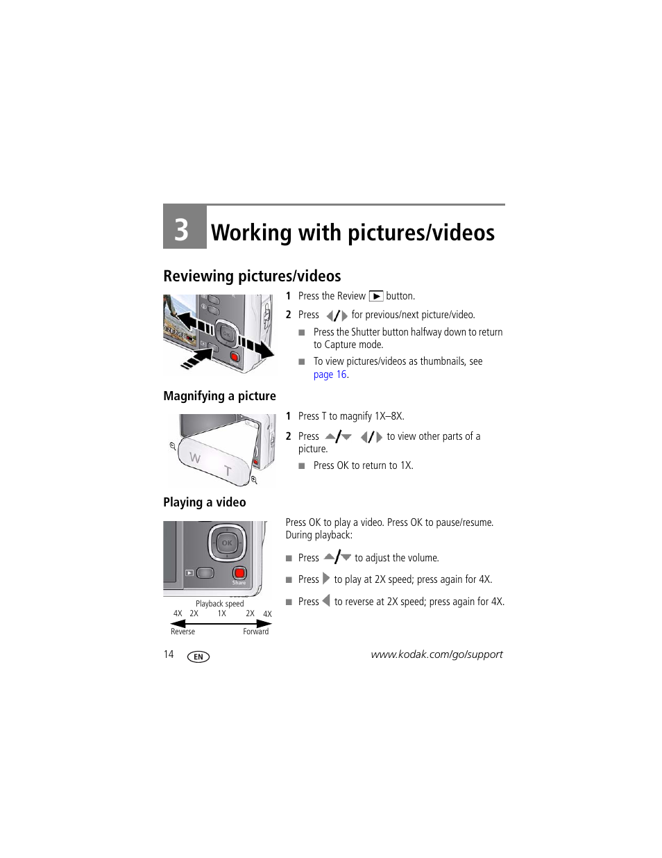 Working with pictures/videos, Reviewing pictures/videos, Magnifying a picture | Playing a video, 3 working with pictures/videos | Kodak M380 User Manual | Page 20 / 69