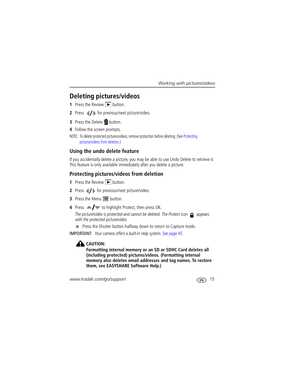 Deleting pictures/videos, Using the undo delete feature, Protecting pictures/videos from deletion | Kodak M380 User Manual | Page 21 / 69