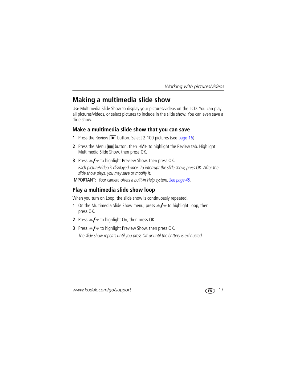 Making a multimedia slide show, Make a multimedia slide show that you can save, Play a multimedia slide show loop | Kodak M380 User Manual | Page 23 / 69