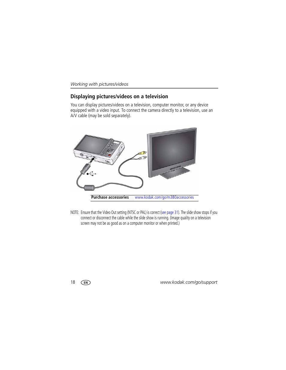 Displaying pictures/videos on a television | Kodak M380 User Manual | Page 24 / 69