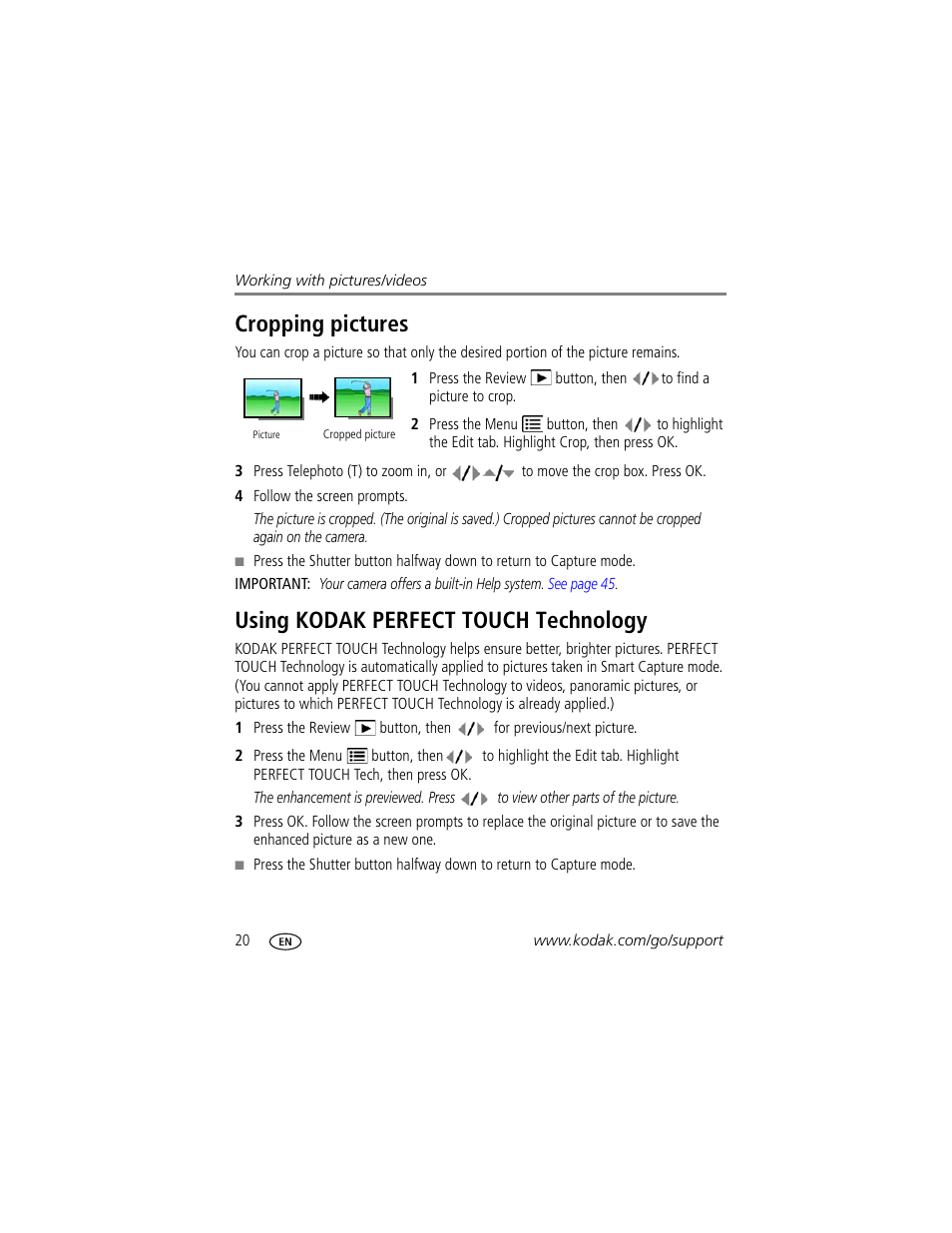 Cropping pictures, Using kodak perfect touch technology | Kodak M380 User Manual | Page 26 / 69