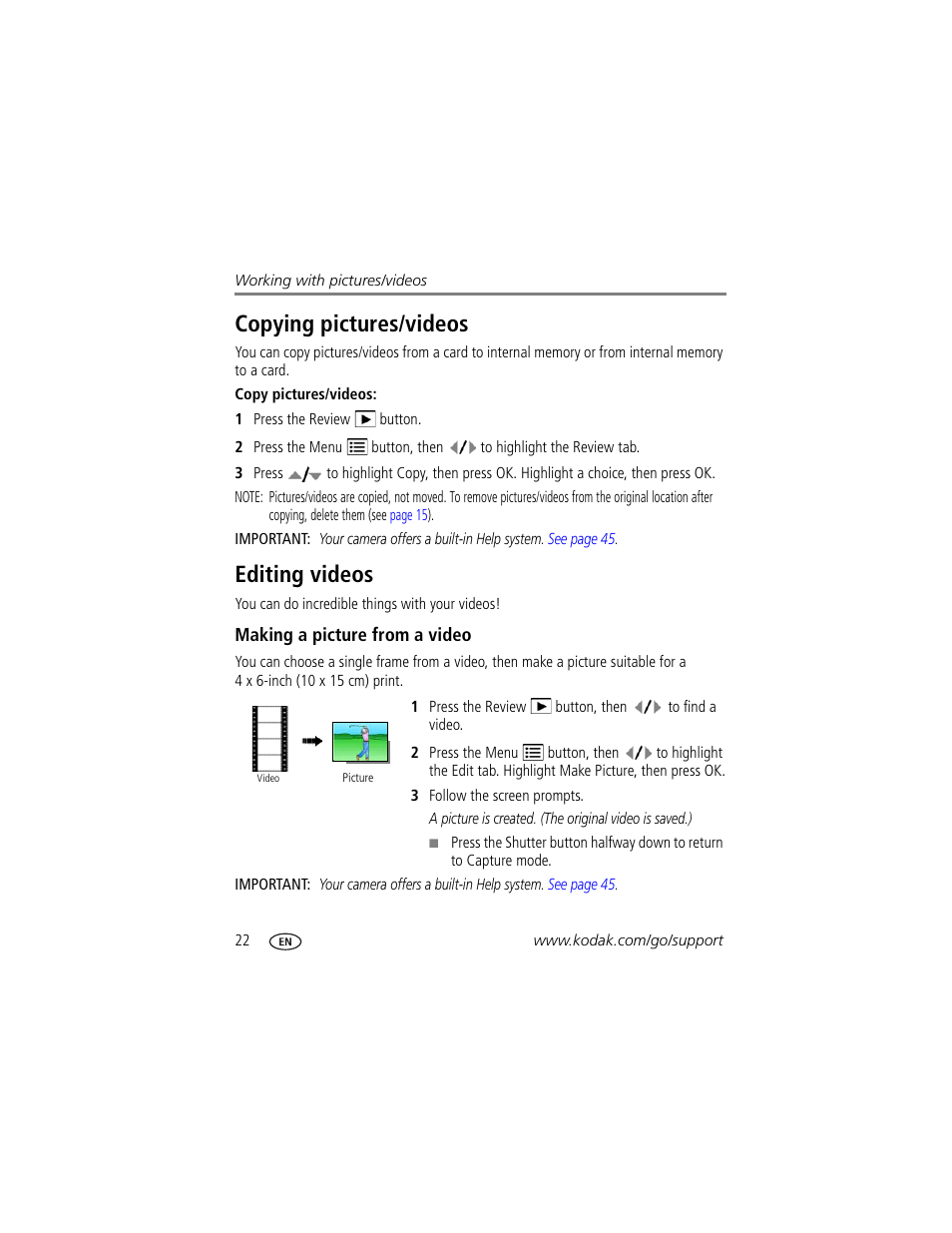 Copying pictures/videos, Editing videos, Making a picture from a video | Kodak M380 User Manual | Page 28 / 69