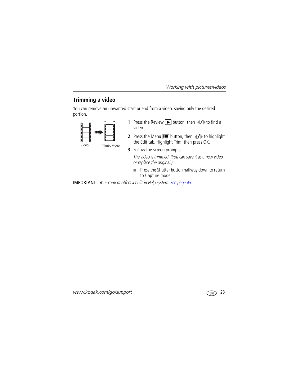 Trimming a video | Kodak M380 User Manual | Page 29 / 69