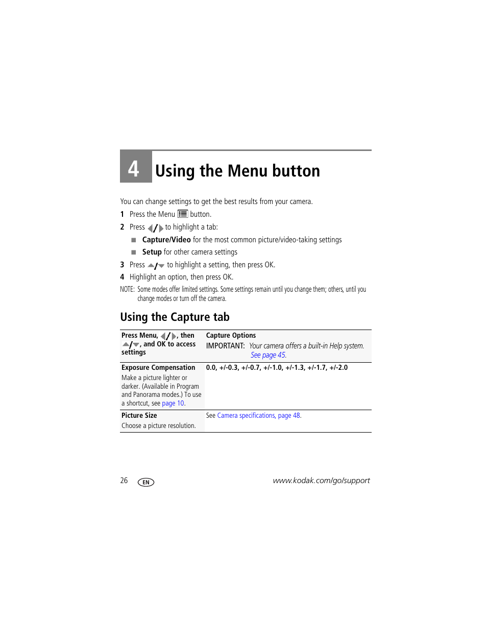 Using the menu button, Using the capture tab, 4 using the menu button | Kodak M380 User Manual | Page 32 / 69