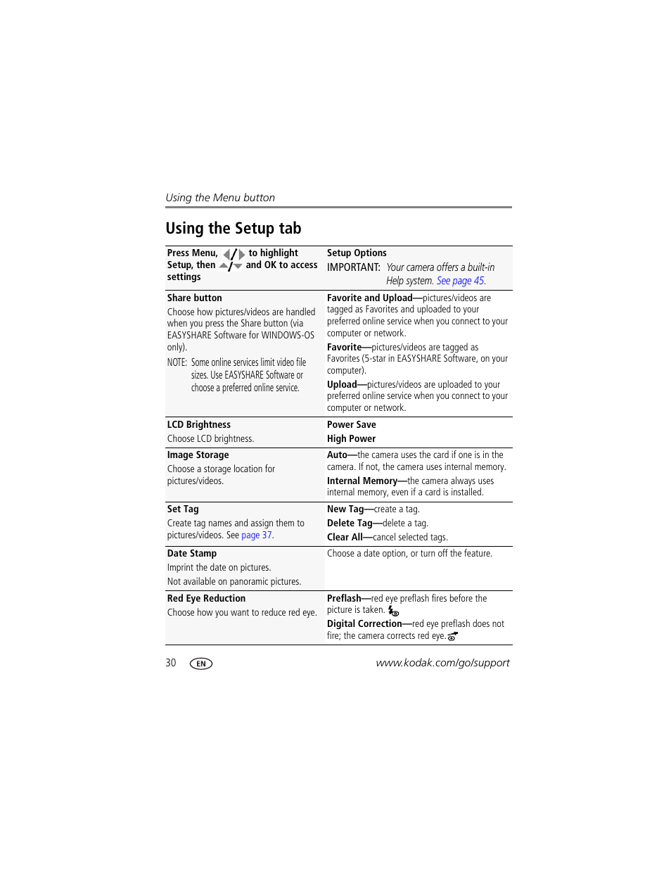 Using the setup tab | Kodak M380 User Manual | Page 36 / 69