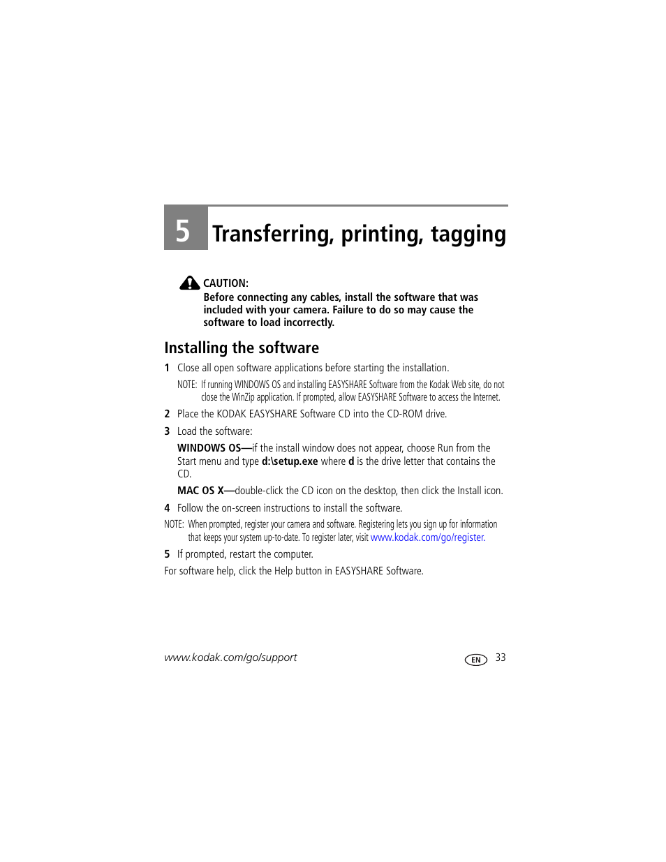 Transferring, printing, tagging, Installing the software, 5 transferring, printing, tagging | Kodak M380 User Manual | Page 39 / 69