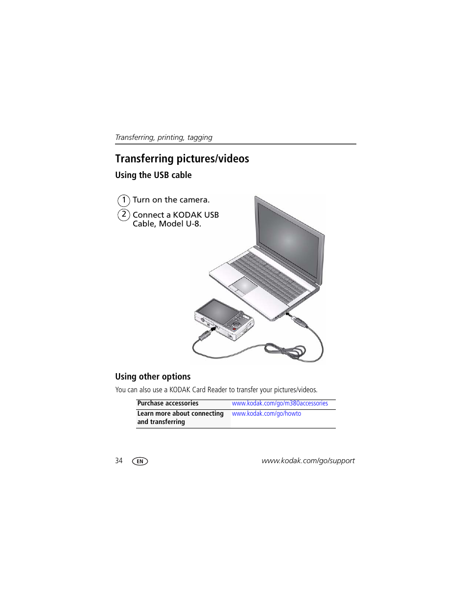 Transferring pictures/videos, Using the usb cable, Using other options | Kodak M380 User Manual | Page 40 / 69