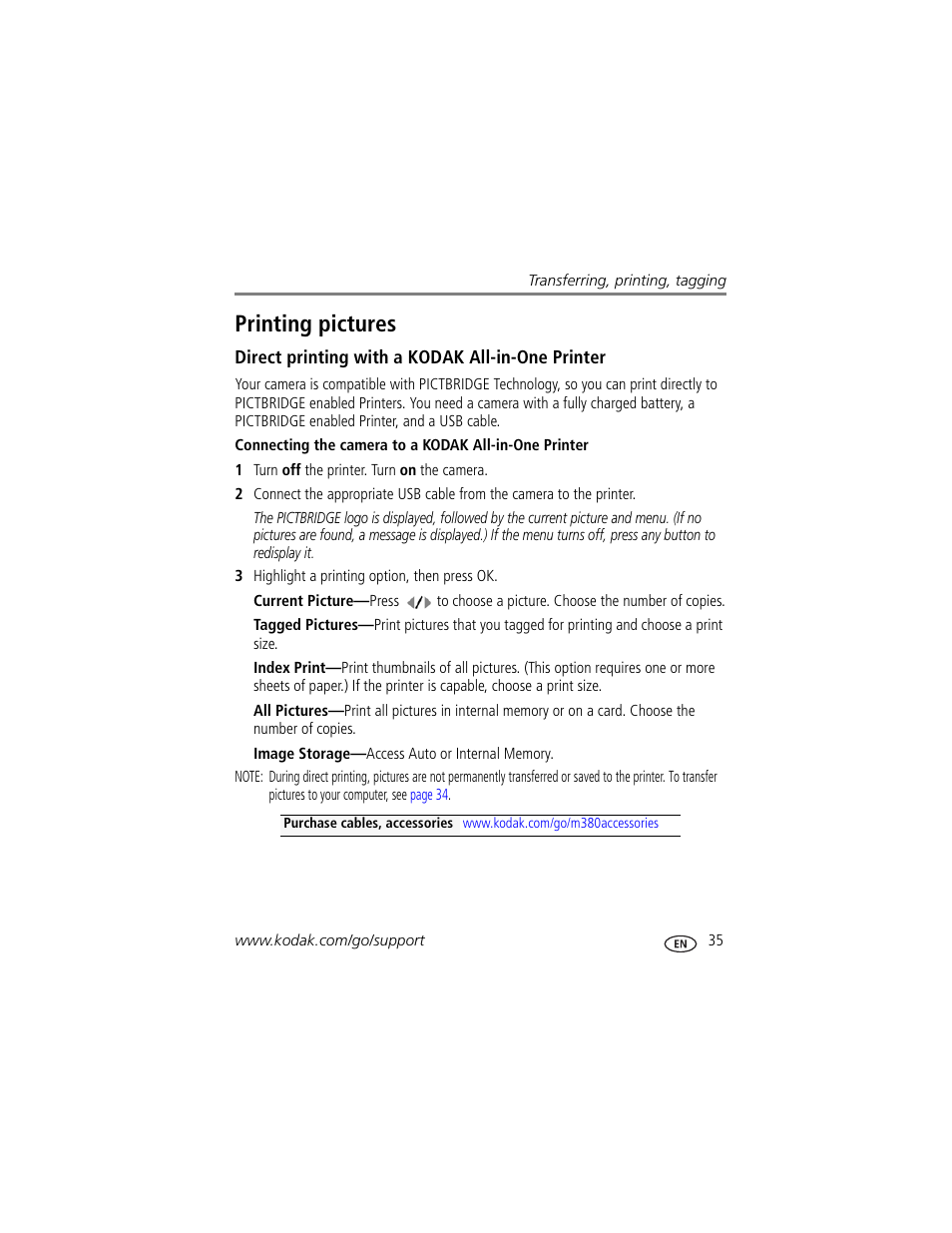 Printing pictures, Direct printing with a kodak all-in-one printer | Kodak M380 User Manual | Page 41 / 69