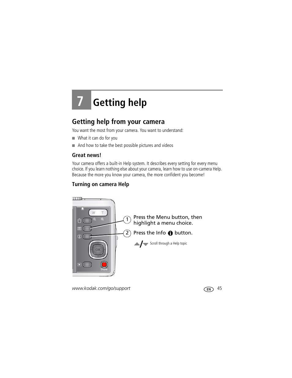 Getting help, Getting help from your camera, Great news | Turning on camera help, 7 getting help, Stem | Kodak M380 User Manual | Page 51 / 69