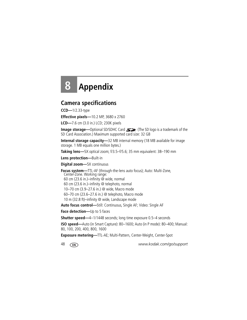 Appendix, Camera specifications, 8 appendix | Kodak M380 User Manual | Page 54 / 69