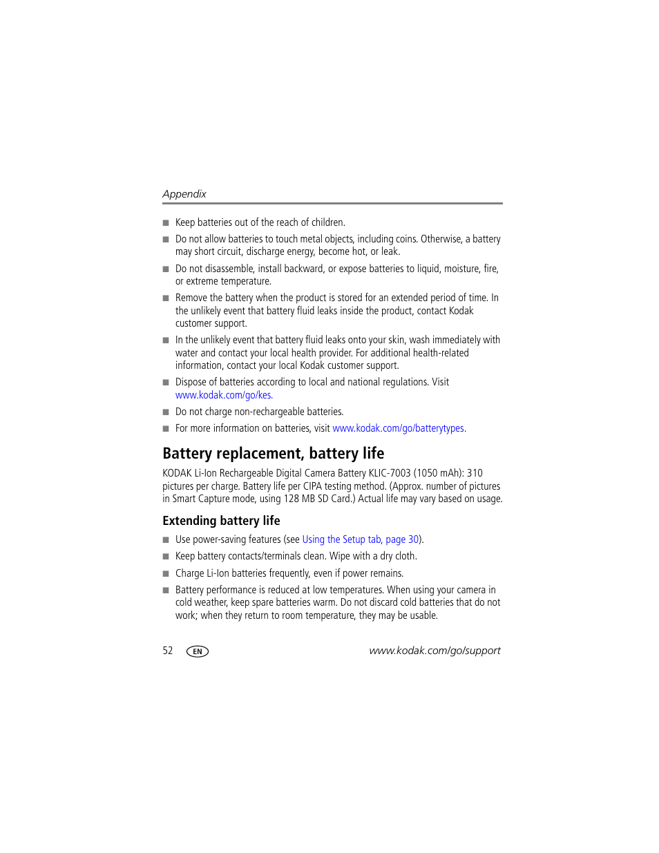 Battery replacement, battery life, Extending battery life, Alled | Kodak M380 User Manual | Page 58 / 69