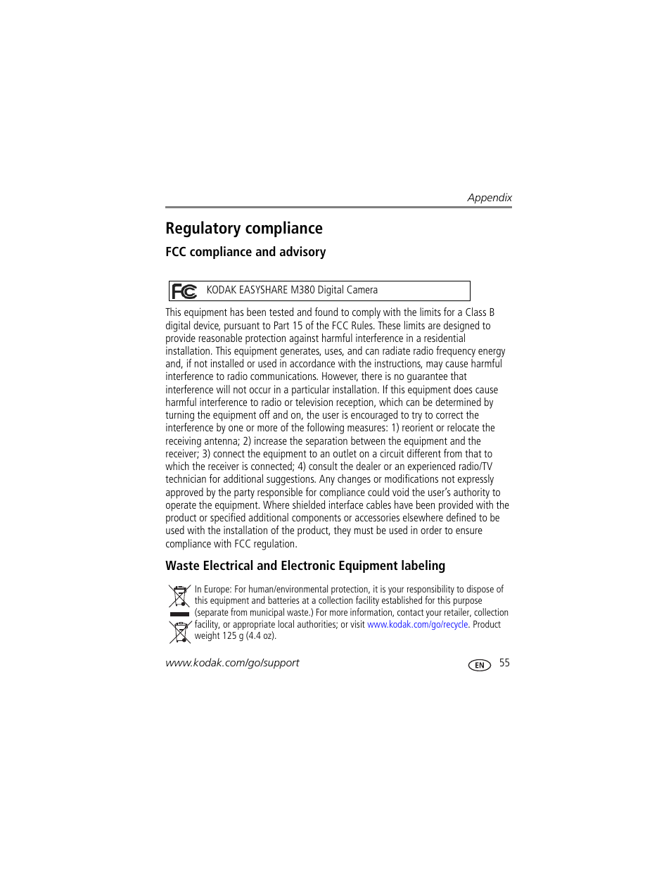 Regulatory compliance, Fcc compliance and advisory, Waste electrical and electronic equipment labeling | Kodak M380 User Manual | Page 61 / 69