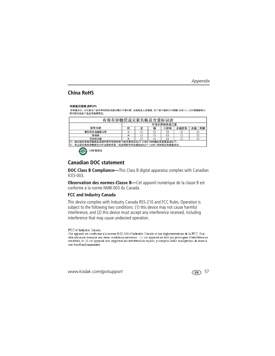 China rohs, Canadian doc statement, Fcc and industry canada | Kodak M380 User Manual | Page 63 / 69