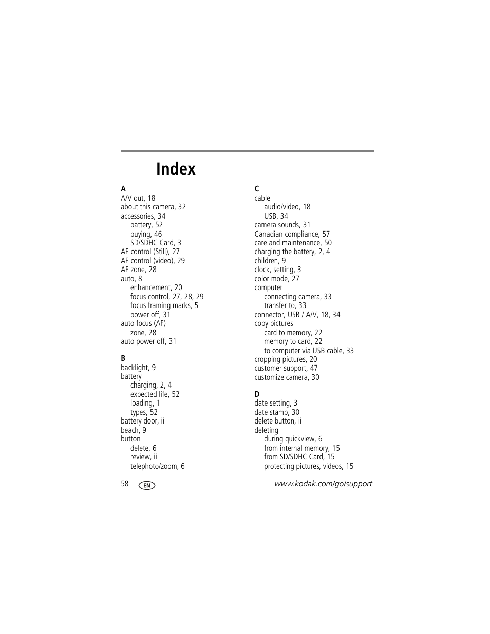 Index | Kodak M380 User Manual | Page 64 / 69