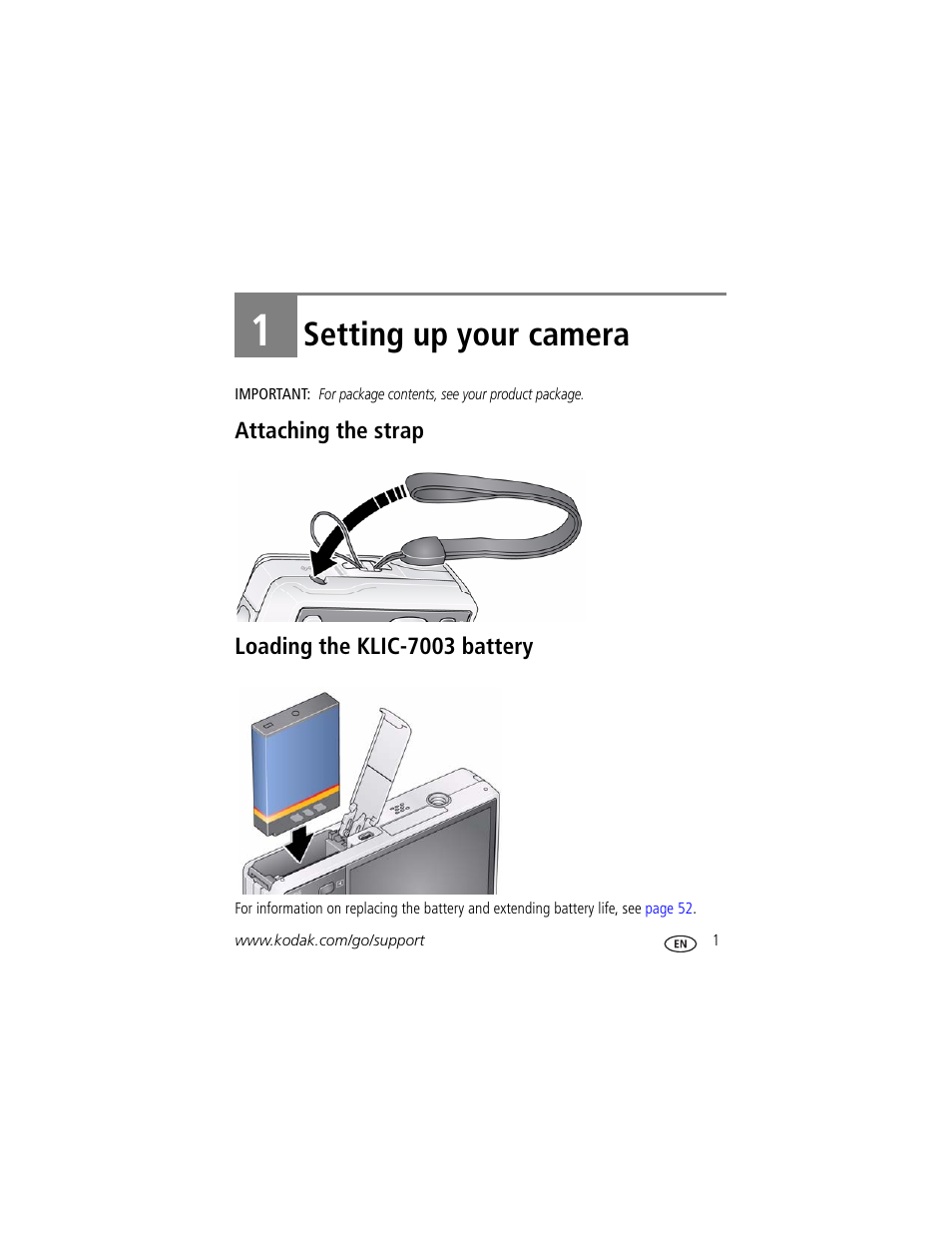 Setting up your camera, Attaching the strap, Loading the klic-7003 battery | 1 setting up your camera, Attaching the strap loading the klic-7003 battery | Kodak M380 User Manual | Page 7 / 69