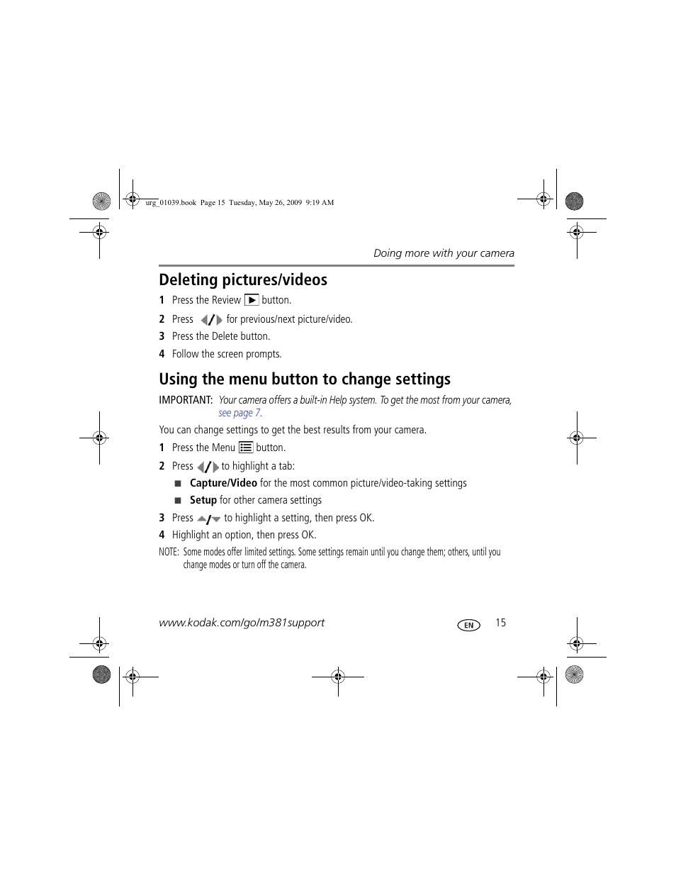 Deleting pictures/videos, Using the menu button to change settings | Kodak M381 User Manual | Page 15 / 23
