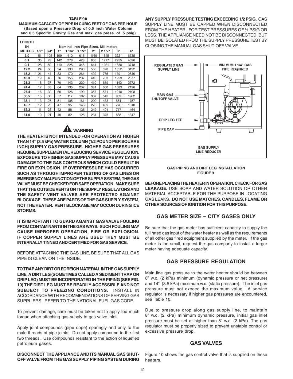 Gas meter size – city gases only, Gas pressure regulation, Gas valves | A.O. Smith 650A User Manual | Page 12 / 36