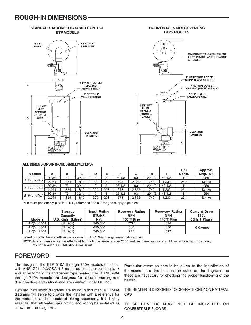 Rough-in dimensions, Foreword | A.O. Smith 650A User Manual | Page 2 / 36