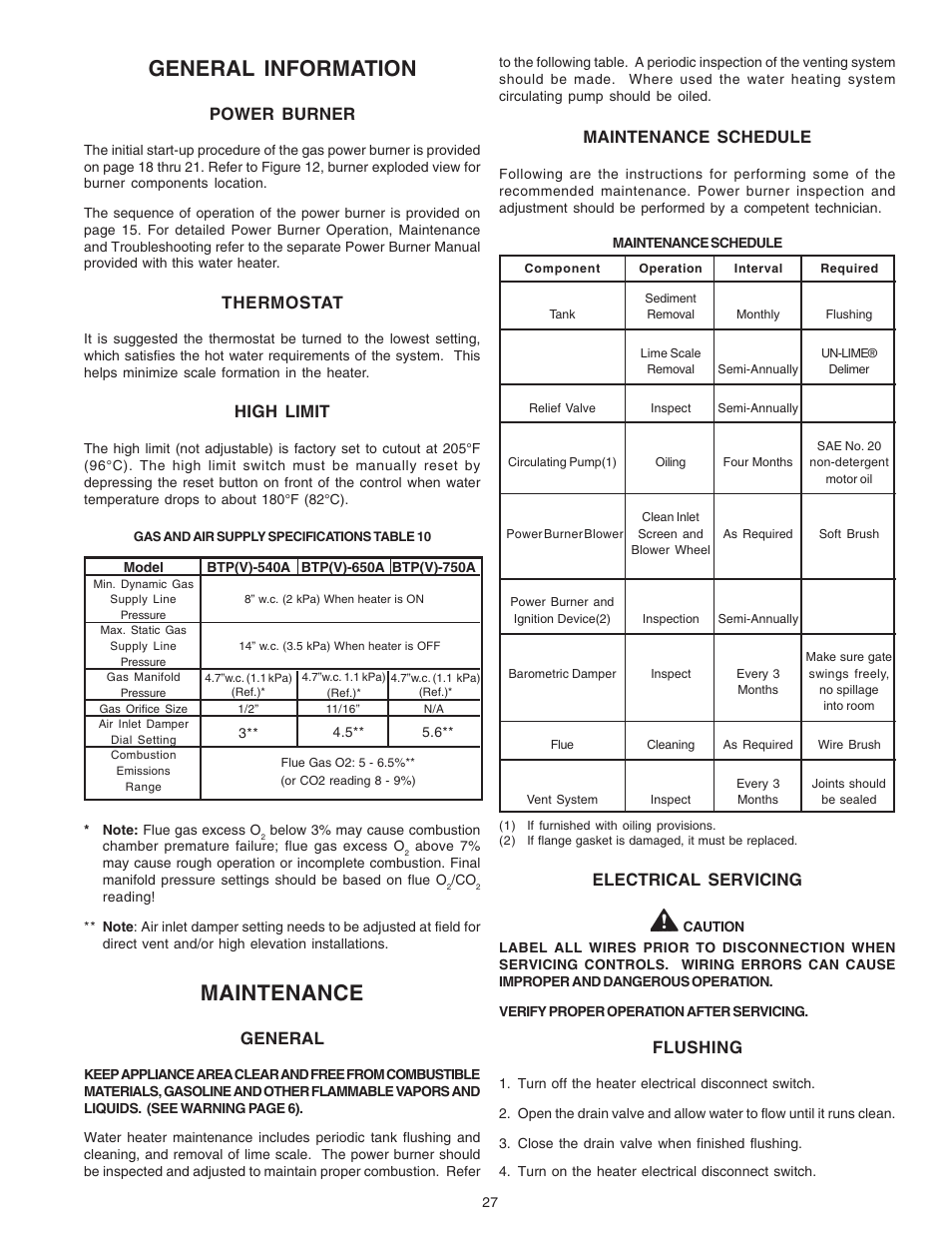 General information, Maintenance, Power burner | Thermostat, High limit, General, Maintenance schedule, Electrical servicing, Flushing | A.O. Smith 650A User Manual | Page 27 / 36