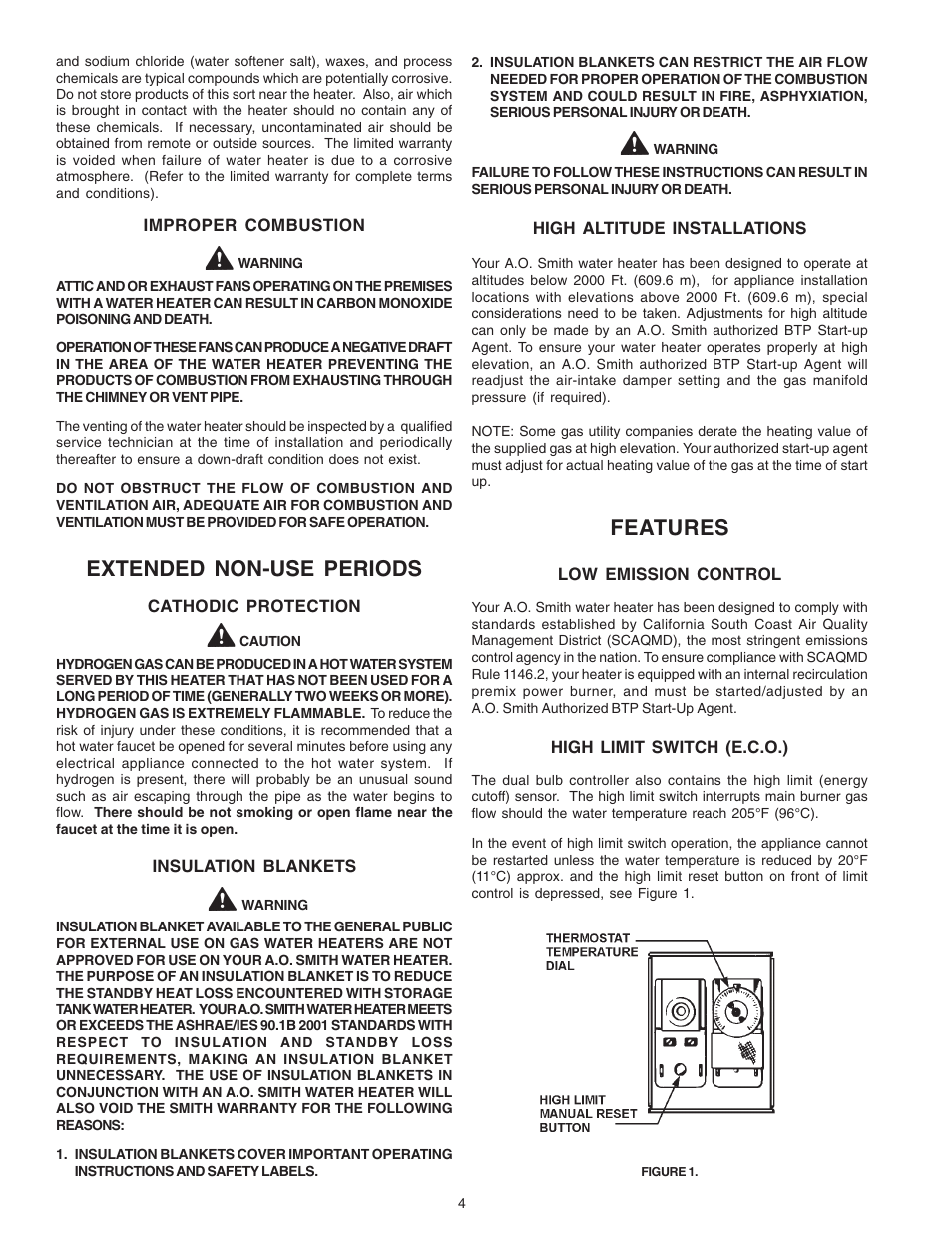 Extended non-use periods, Features | A.O. Smith 650A User Manual | Page 4 / 36