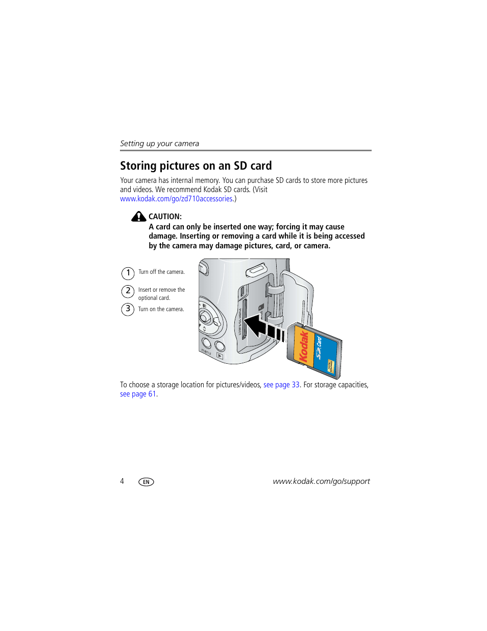 Storing pictures on an sd card | Kodak ZD710 User Manual | Page 10 / 79