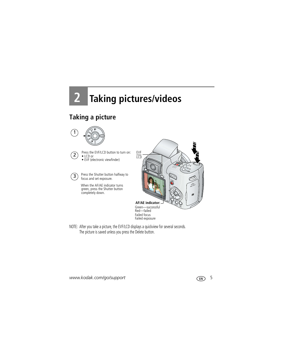 Taking pictures/videos, Taking a picture, 2 taking pictures/videos | Kodak ZD710 User Manual | Page 11 / 79