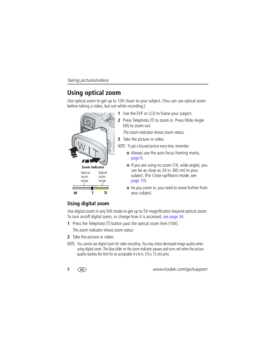 Using digital zoom, Using optical zoom | Kodak ZD710 User Manual | Page 14 / 79