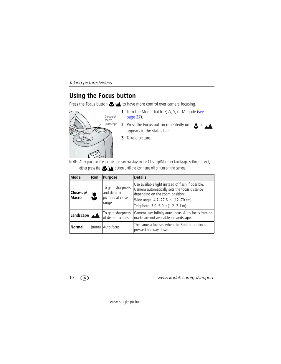 Using the focus button | Kodak ZD710 User Manual | Page 16 / 79