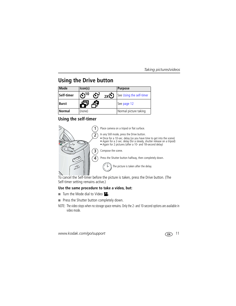 Using the self-timer, Using the drive button | Kodak ZD710 User Manual | Page 17 / 79