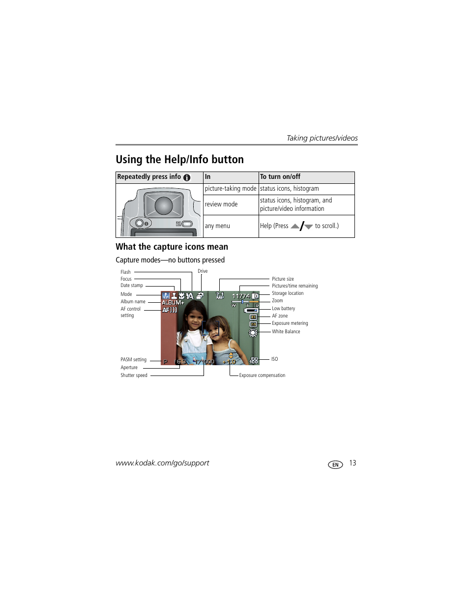Using the help/info button, What the capture icons mean | Kodak ZD710 User Manual | Page 19 / 79