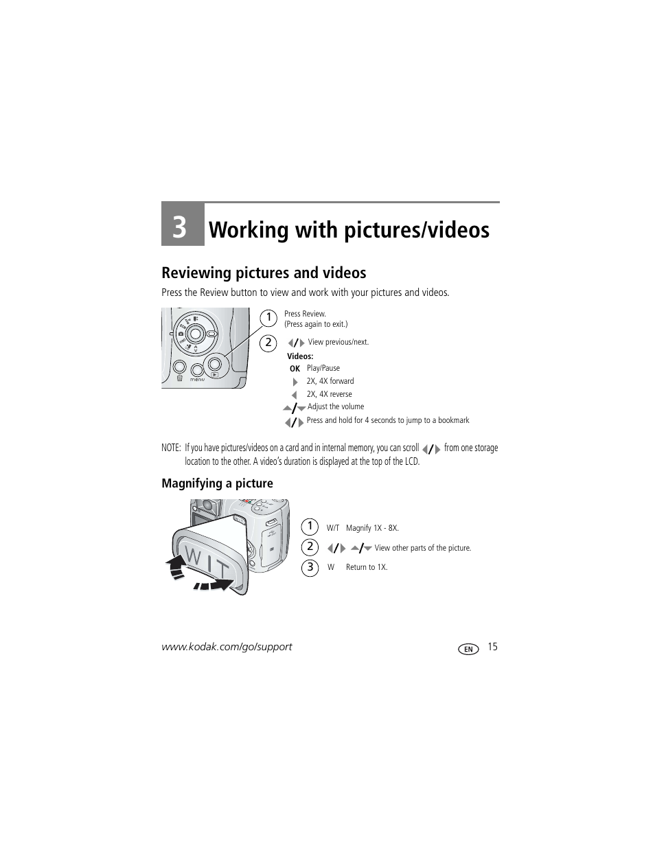 Working with pictures/videos, Reviewing pictures and videos, Magnifying a picture | 3 working with pictures/videos | Kodak ZD710 User Manual | Page 21 / 79