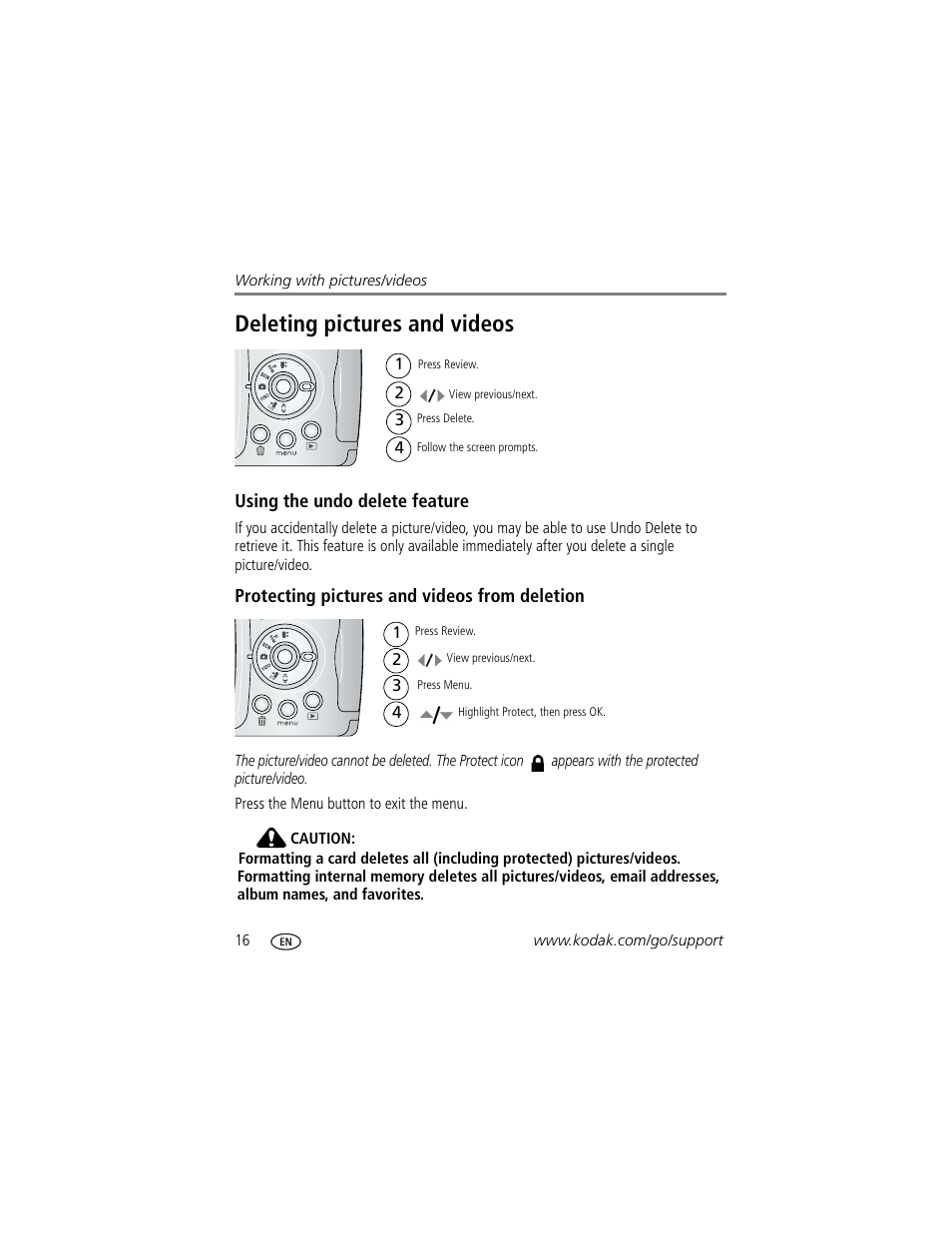 Using the undo delete feature, Protecting pictures and videos from deletion, Deleting pictures and videos | Kodak ZD710 User Manual | Page 22 / 79