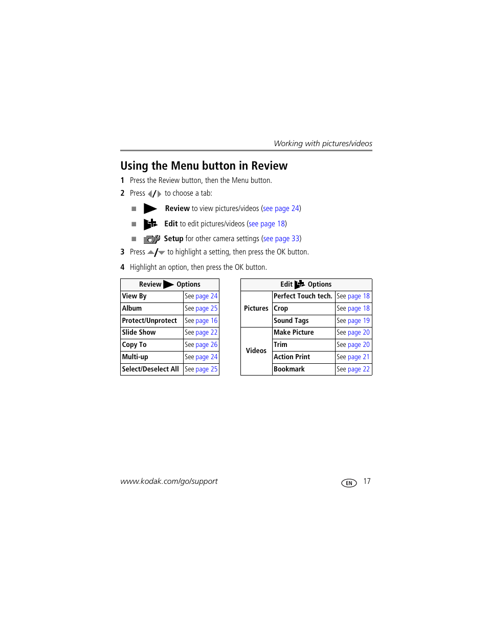 Using the menu button in review | Kodak ZD710 User Manual | Page 23 / 79