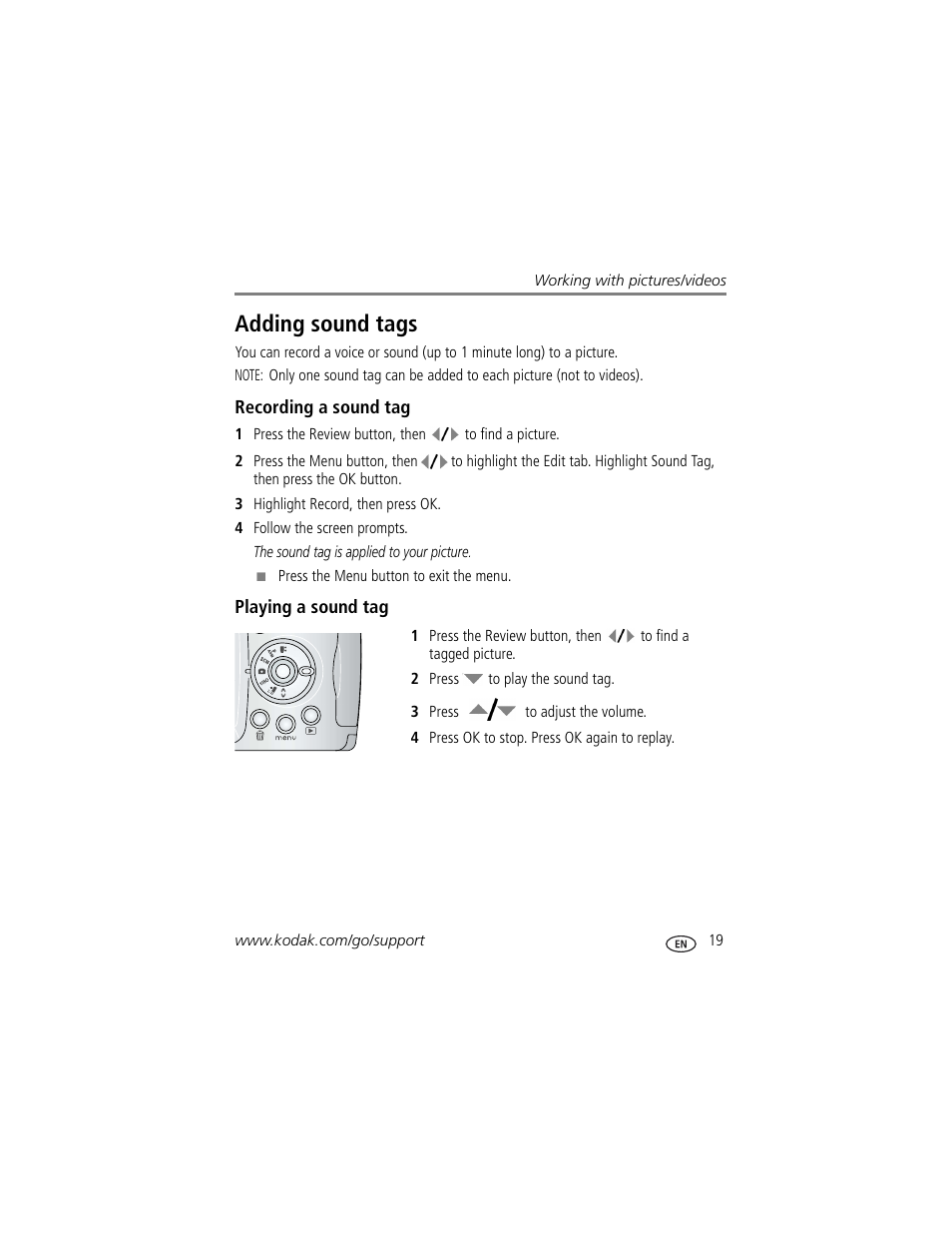 Adding sound tags, Recording a sound tag, Playing a sound tag | Kodak ZD710 User Manual | Page 25 / 79