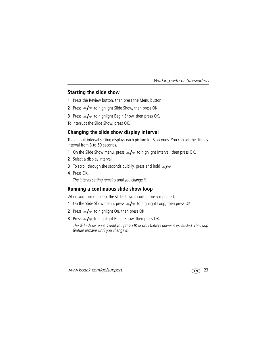 Changing the slide show display interval, Running a continuous slide show loop | Kodak ZD710 User Manual | Page 29 / 79