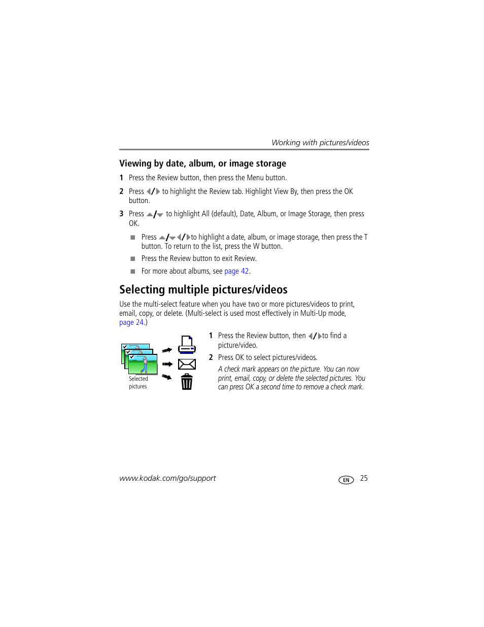 Viewing by date, album, or image storage, Selecting multiple pictures/videos | Kodak ZD710 User Manual | Page 31 / 79