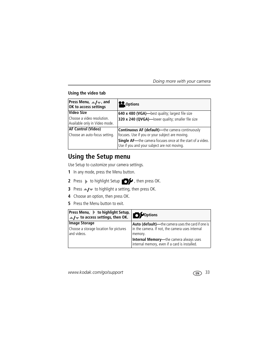 Using the setup menu, Settings | Kodak ZD710 User Manual | Page 39 / 79