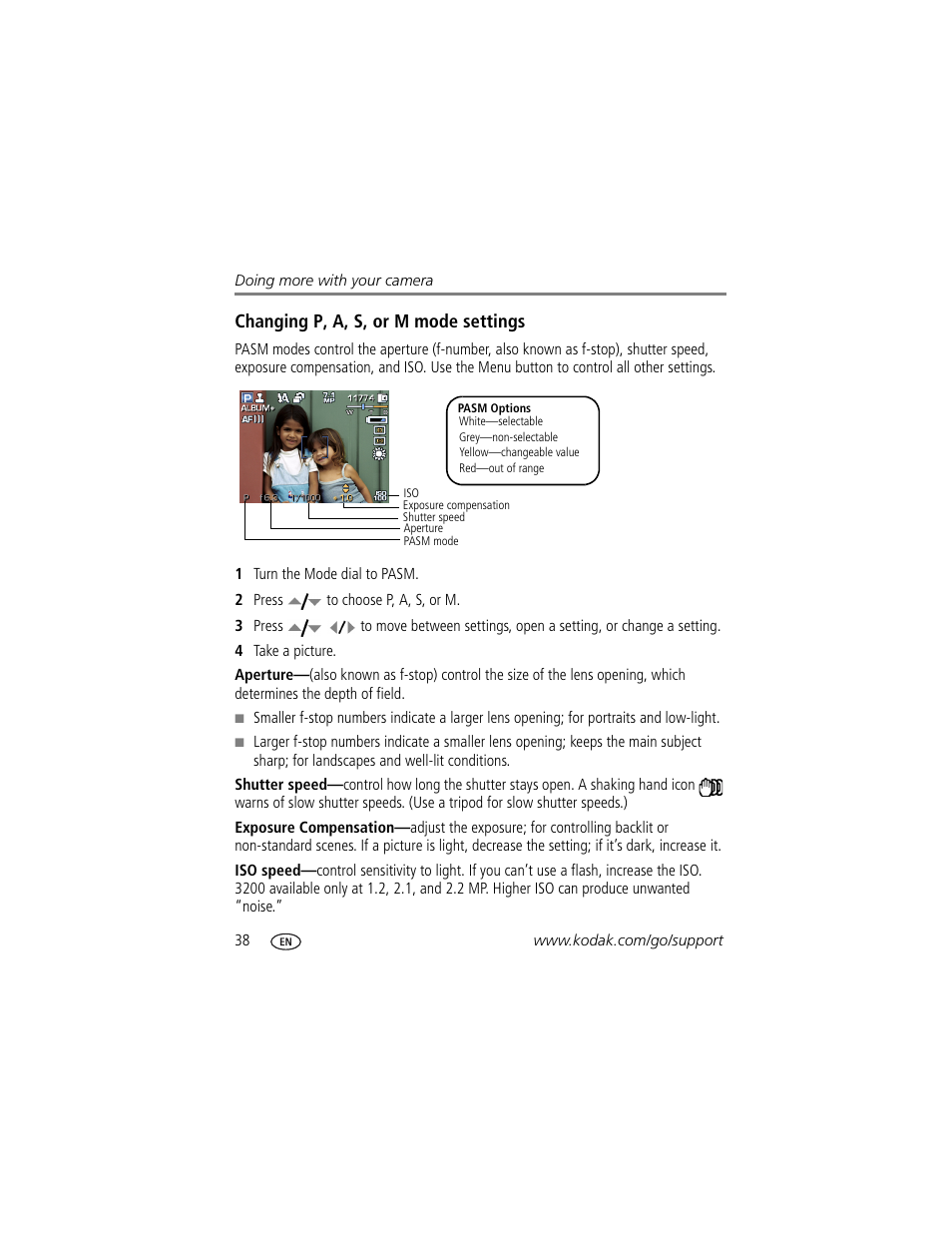 Changing p, a, s, or m mode settings | Kodak ZD710 User Manual | Page 44 / 79