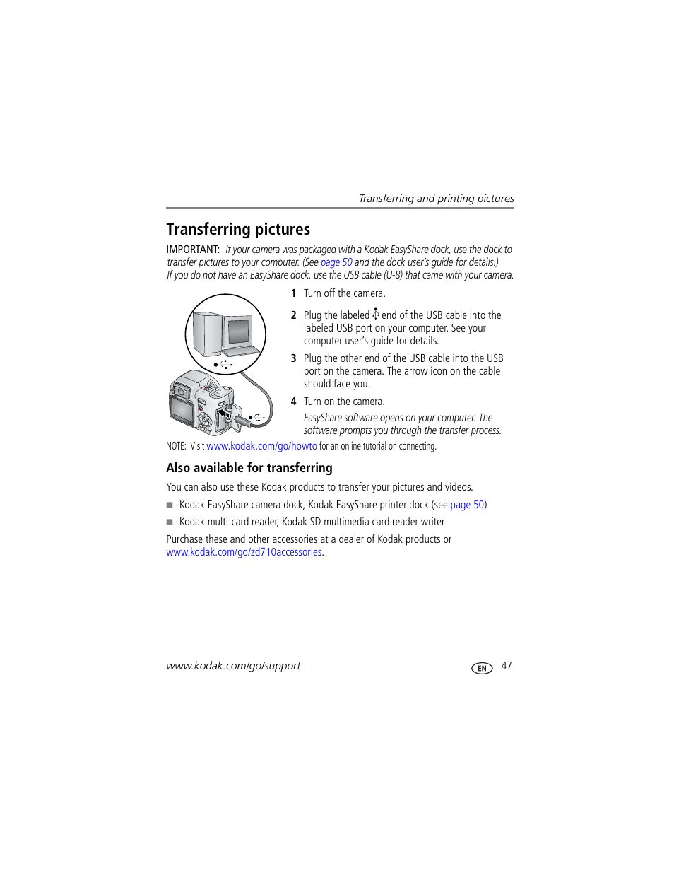 Also available for transferring, Transferring pictures | Kodak ZD710 User Manual | Page 53 / 79