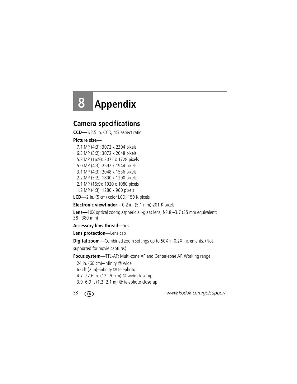 Appendix, Camera specifications, 8 appendix | Kodak ZD710 User Manual | Page 64 / 79