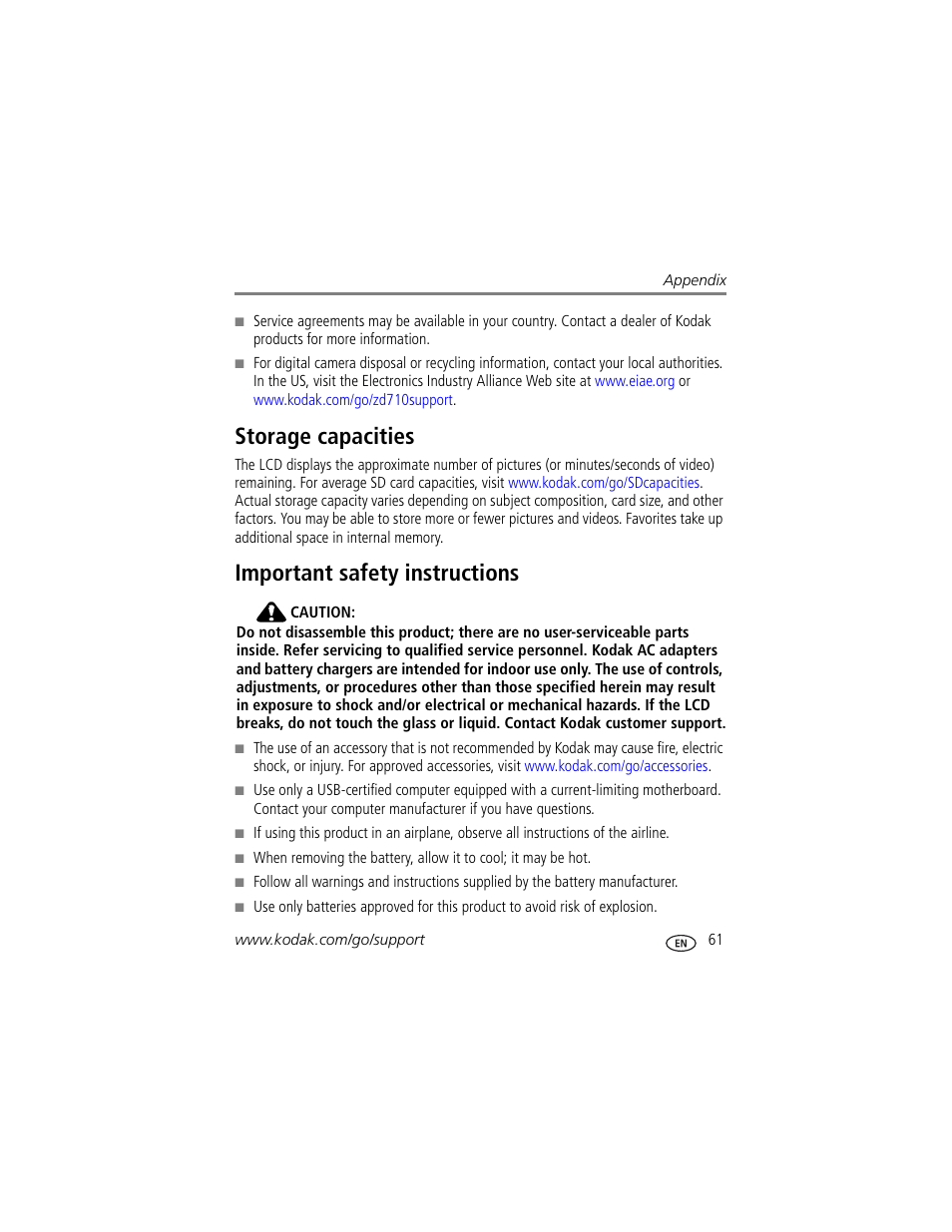 Storage capacities, Important safety instructions, Storage capacities important safety instructions | Kodak ZD710 User Manual | Page 67 / 79