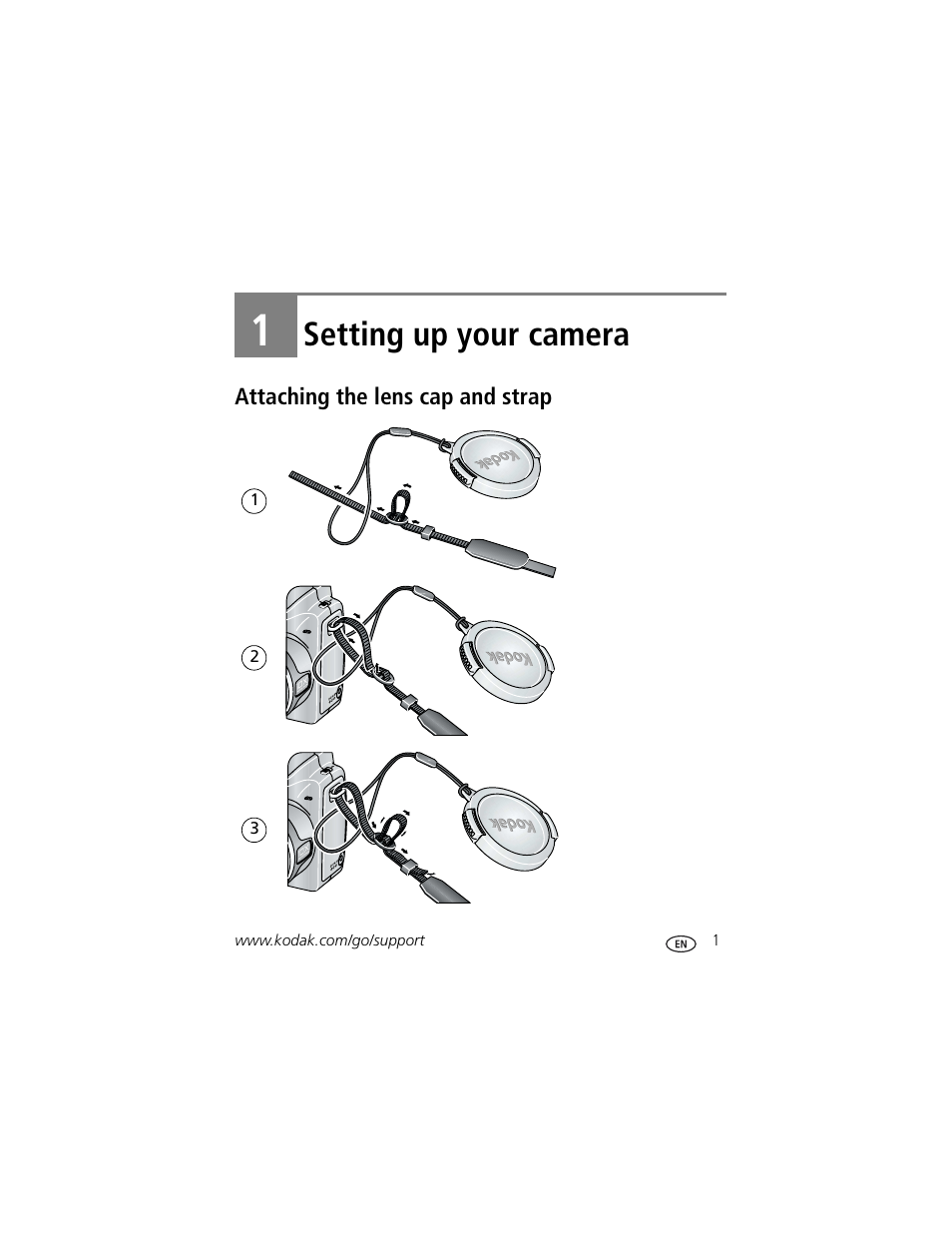 Setting up your camera, Attaching the lens cap and strap, 1 setting up your camera | Kodak ZD710 User Manual | Page 7 / 79