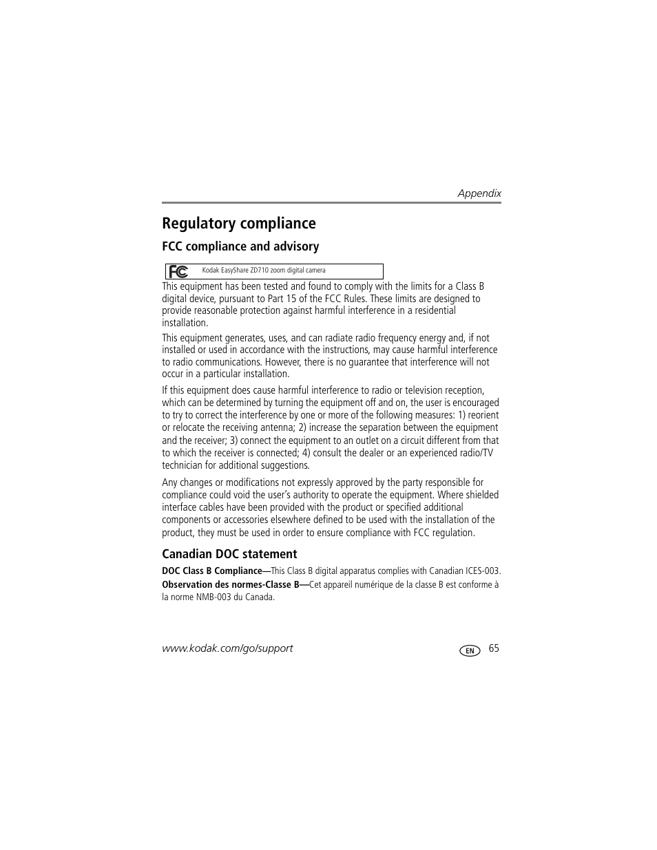 Fcc compliance and advisory, Canadian doc statement, Regulatory compliance | Kodak ZD710 User Manual | Page 71 / 79