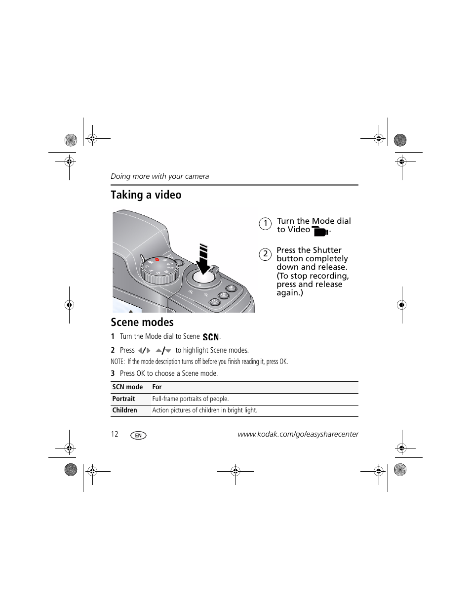 Taking a video scene modes | Kodak Z915 User Manual | Page 12 / 28